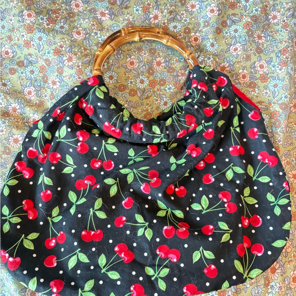 Cherry Patterned Black Shoulder Bag with Bamboo Handle